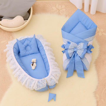 Luxury Cotton Baby Nest with Foldable Baby Sleeping Bag-Sky Blue