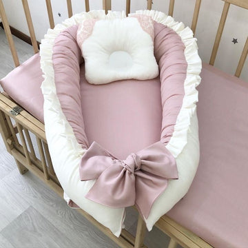 Cotton Satin Baby Nest With Head Pillow- Sea pink & White