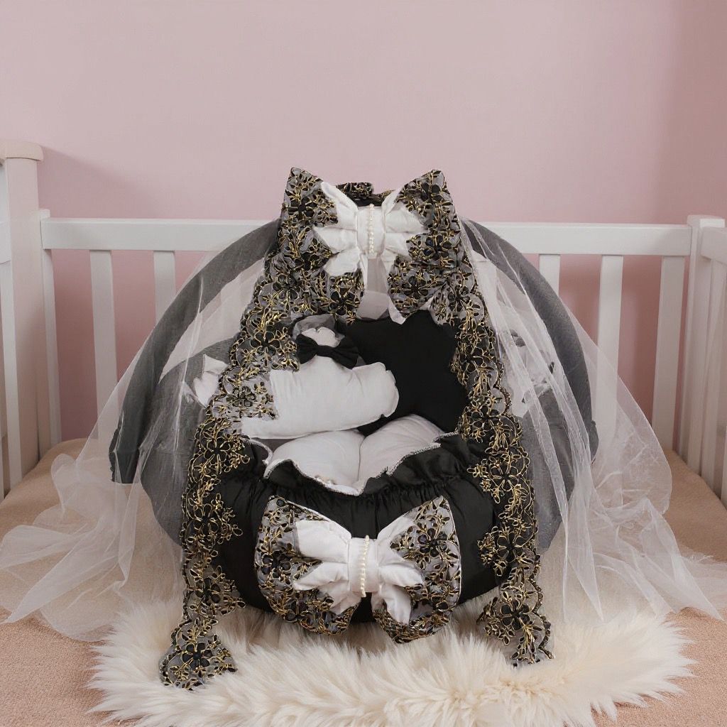 Luxury Baby Round Cot with Pillows and Net- Black & White