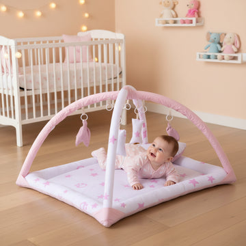 Printed Cotton Baby Playing Mat with Hanging Cushions & Pillow- Pink Star