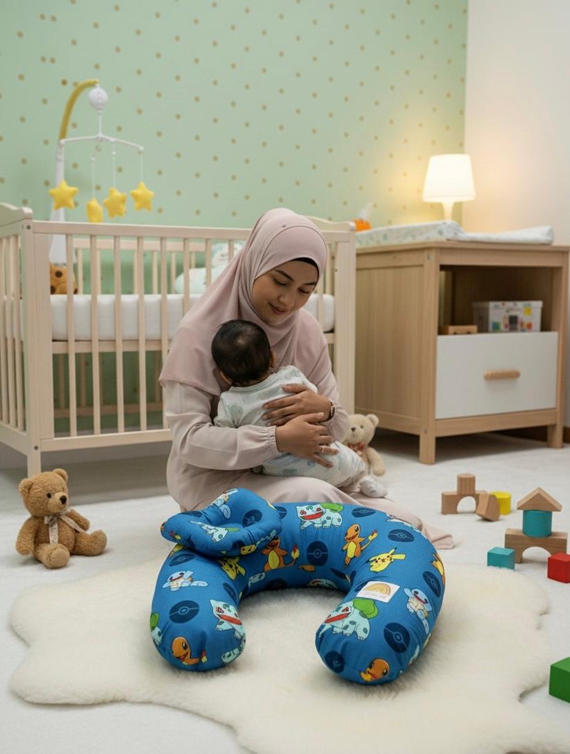 Printed Cotton Baby Nursing Pillow with Removable Cover & Head Pillow- Little Dino