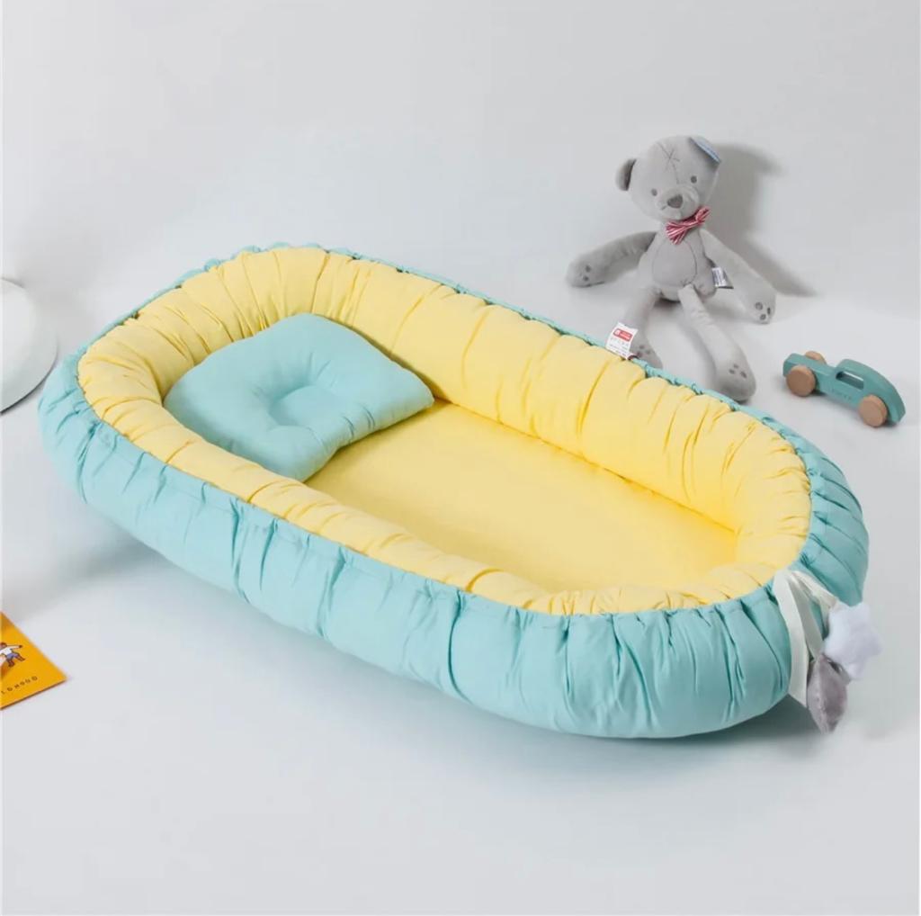 Cotton Baby Nest with Pillow- Yellow & Cadet Blue