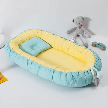 Cotton Baby Nest with Pillow- Yellow & Cadet Blue