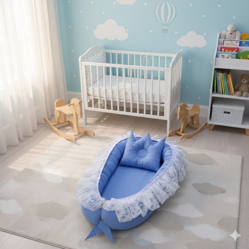 Luxury Cotton Baby Nest with Foldable Baby Sleeping Bag-Sky Blue