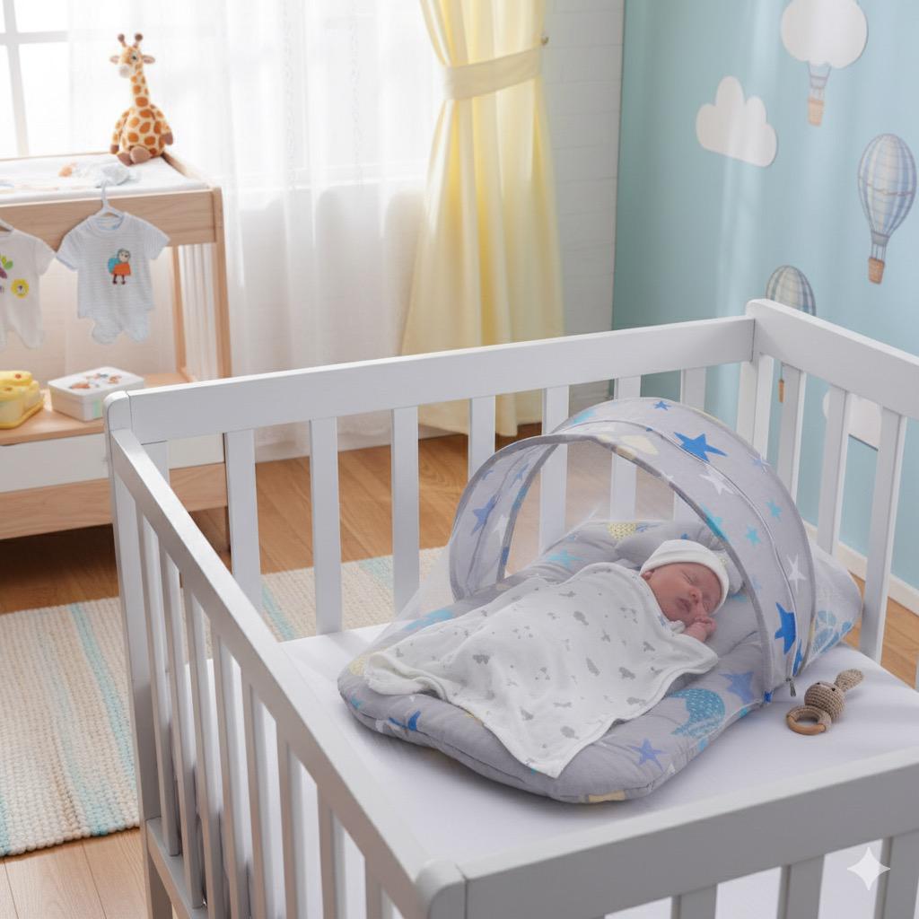 Printed Baby Mosquito Net with Pillow-Gray Star