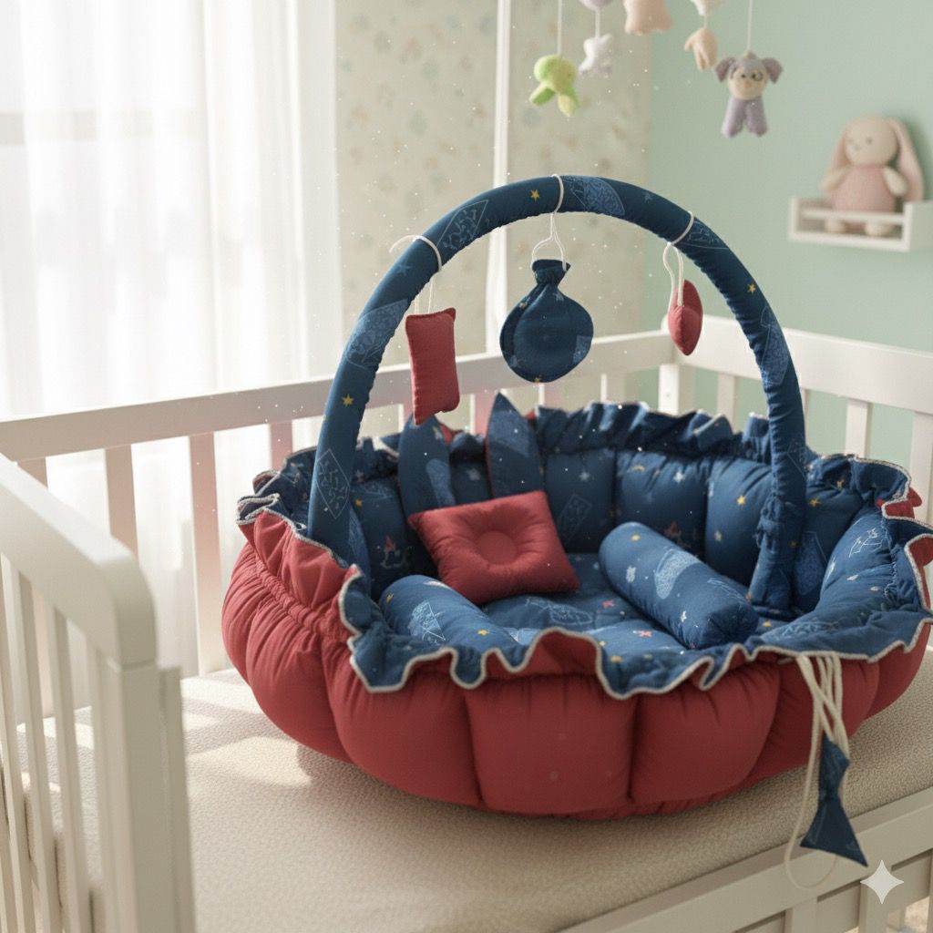 Printed Cotton Baby Round Cot with Pillows- Maroon Snow