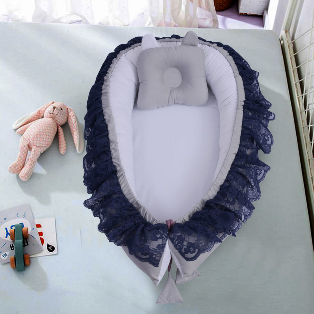 Lacy Cotton Baby Nest with Pillow- White & Gray