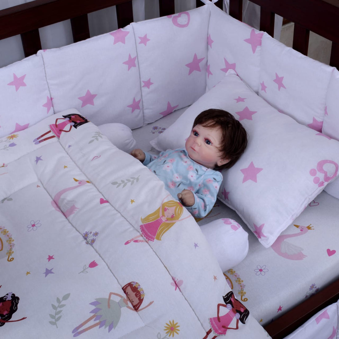 Printed Cotton Baby Cot Set for Girls- 9 pcs