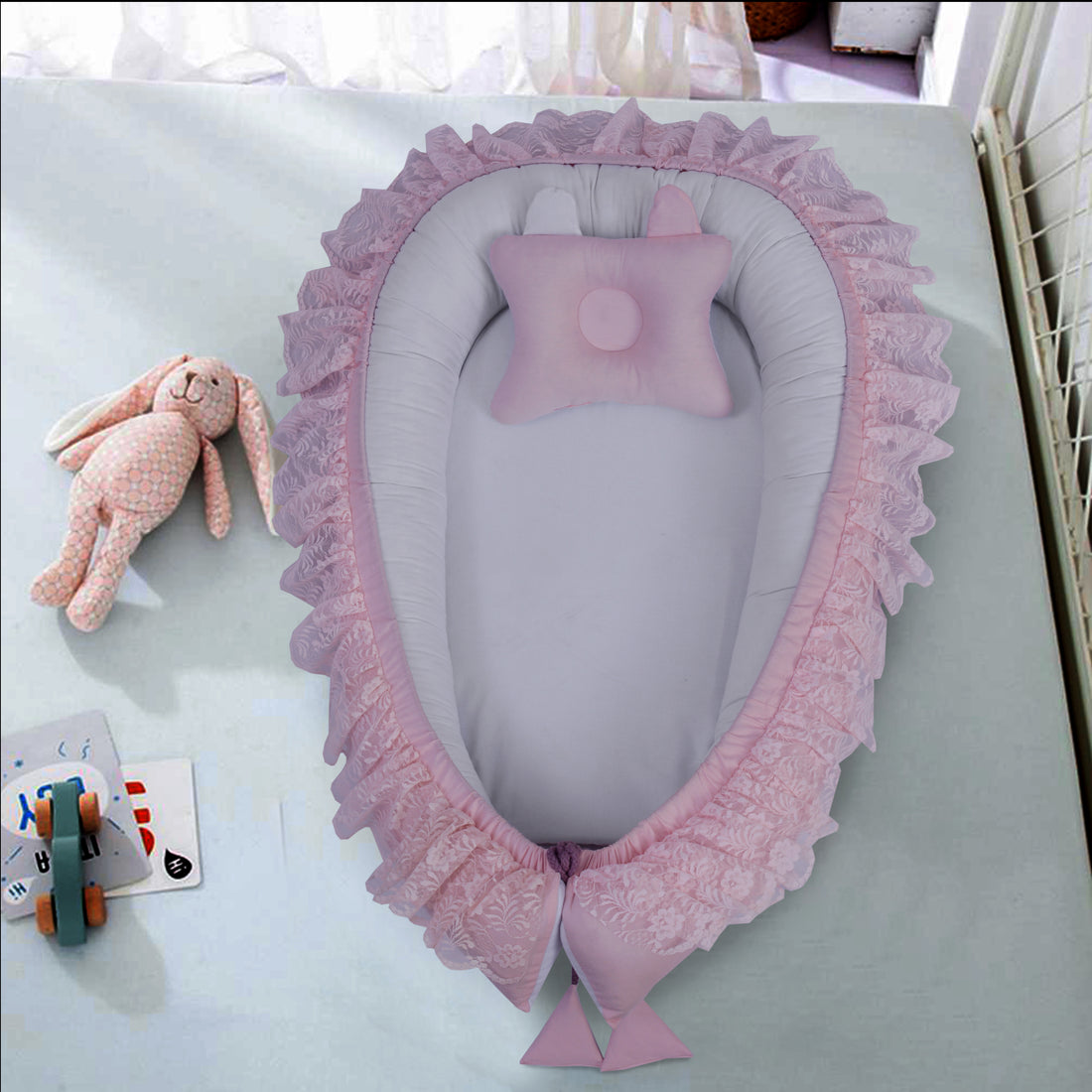 Lacy Baby Nest with Pillow-Pink & White