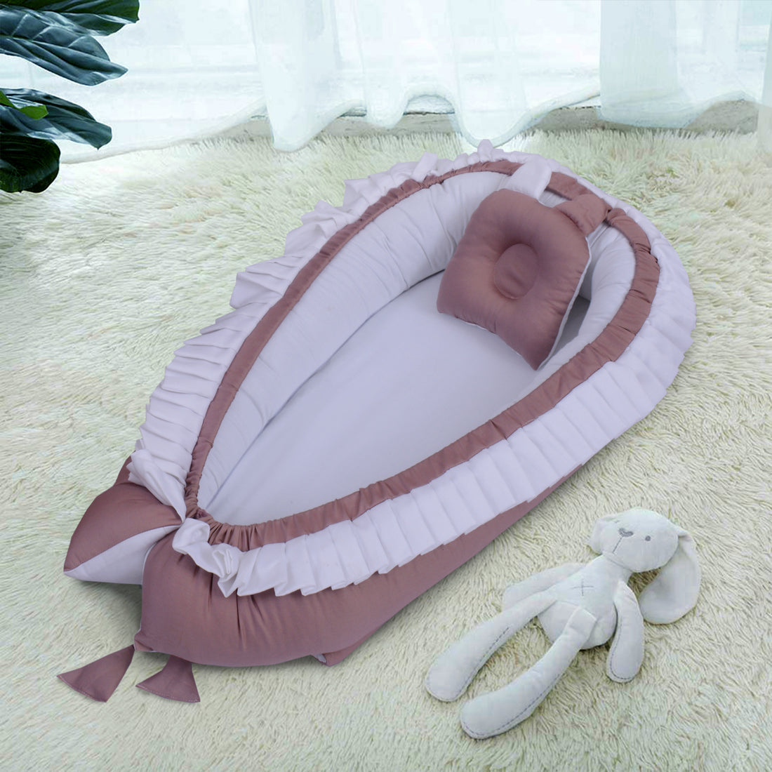 Cotton Satin Baby Nest with Pillow and Foldable Sleeping Bag- White & Tea pink