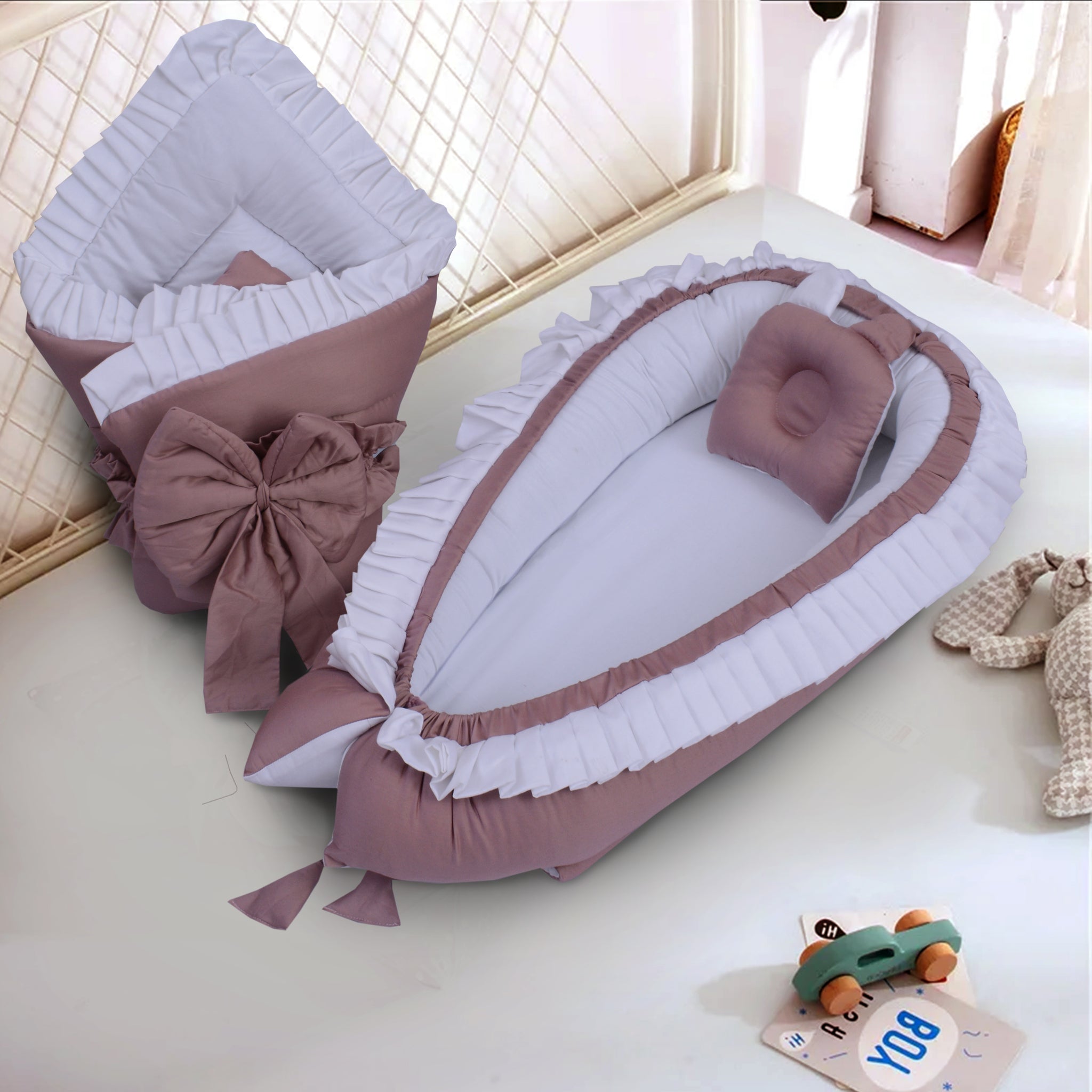 Cotton Satin Baby Nest with Pillow and Foldable Sleeping Bag- White & Tea pink