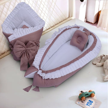 Cotton Satin Baby Nest with Pillow and Foldable Sleeping Bag- White & Tea pink