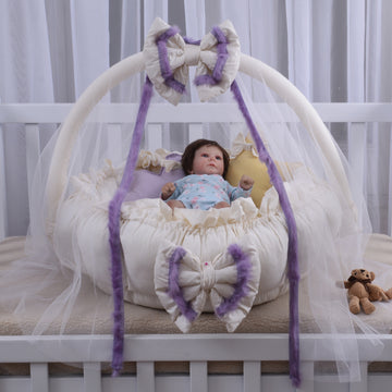 Luxury Baby Round Cot with Pillows & Net- Off White