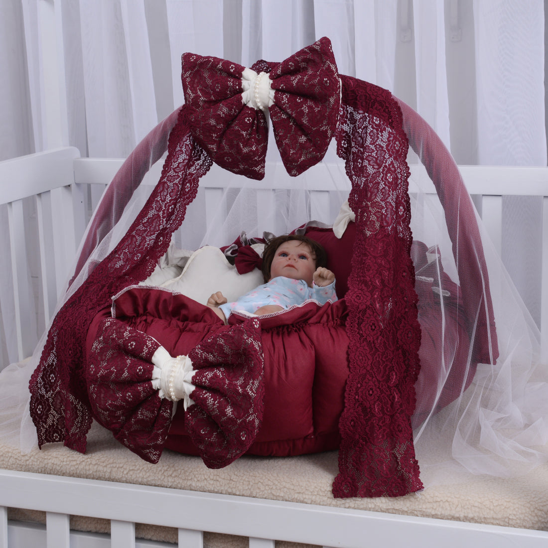 Luxury Cotton Baby Round Cot with Pillows & Net- Red & Off White