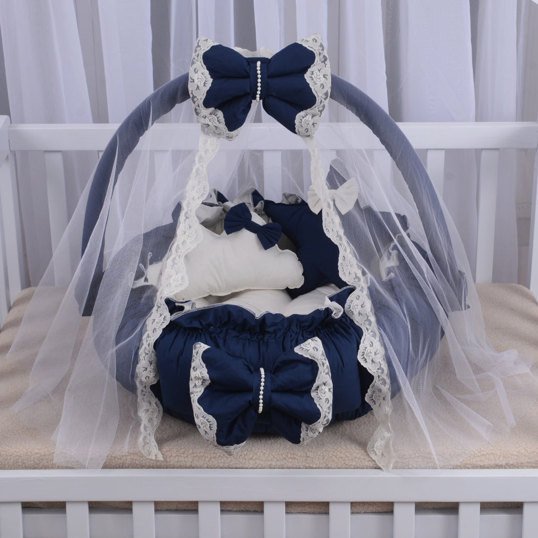 Luxury Baby Round Cot with Pillows and Net-Navy Blue & Off white