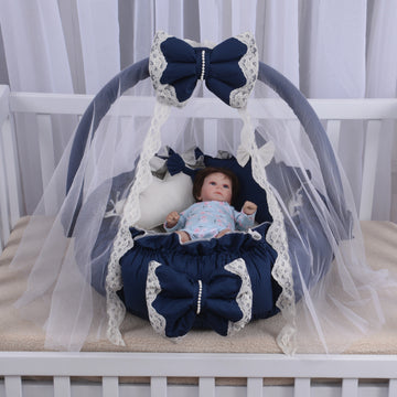 Luxury Baby Round Cot with Pillows and Net-Navy Blue & Off white