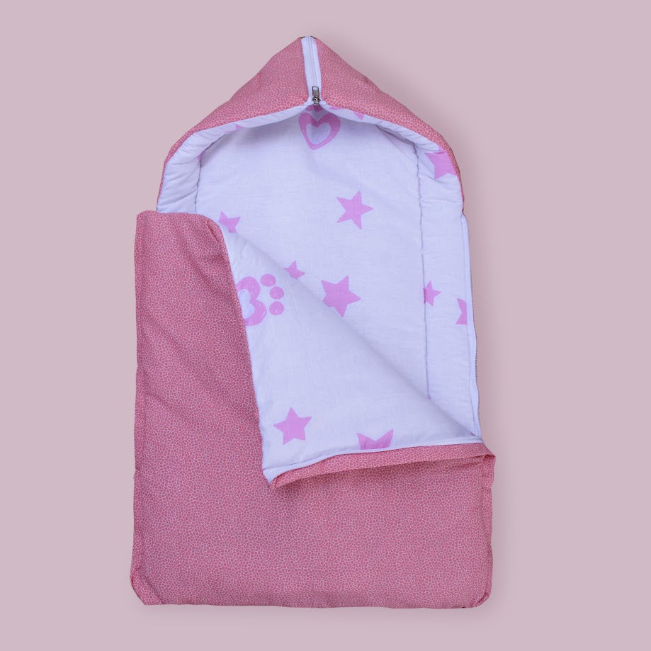 Cotton Printed Baby Carry Nest with Pillows- Pink & White
