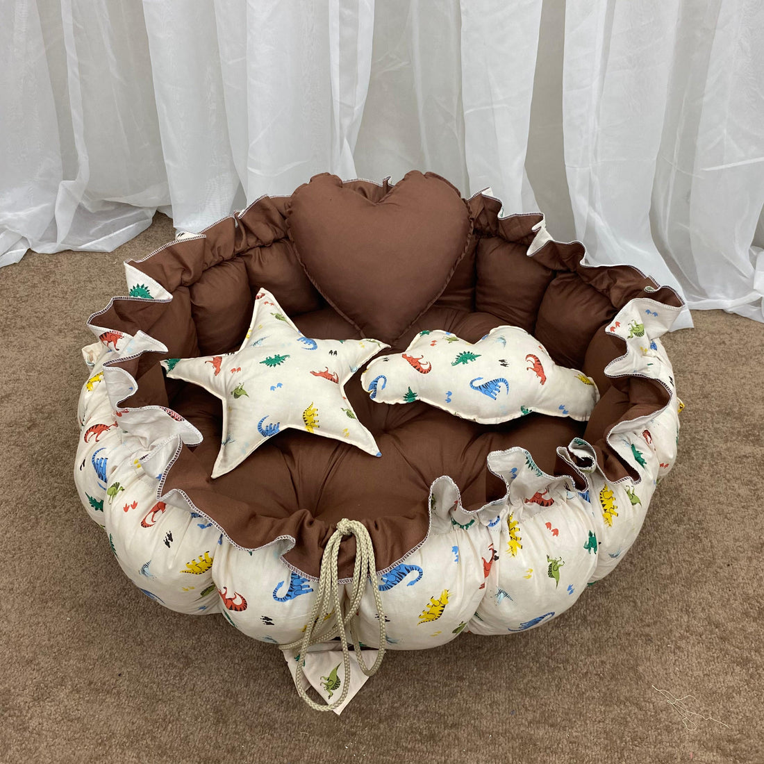 Printed Cotton Baby Round Cot with Pillows-Brown Animal