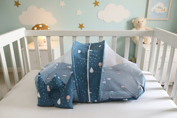 Printed Cotton Baby Mosquito Net with Crown Pillow- Teal