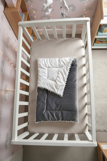 Velvet Baby Blanket with Pom Poms- White & Dark Gray