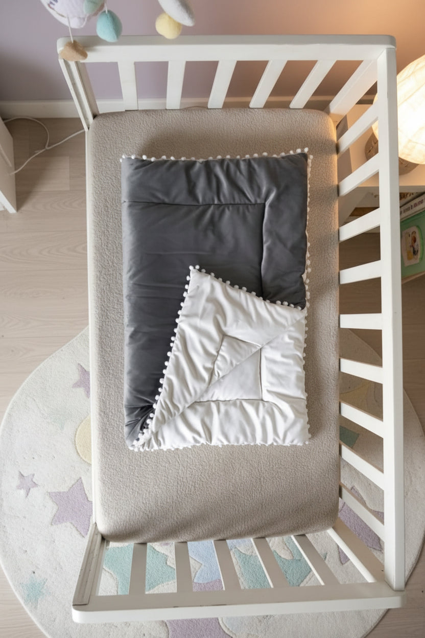 Velvet Baby Blanket with Pom Poms- White & Dark Gray