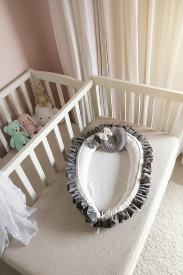 Frilly velvet Baby Nest with Head Pillow- White & Dark Gray