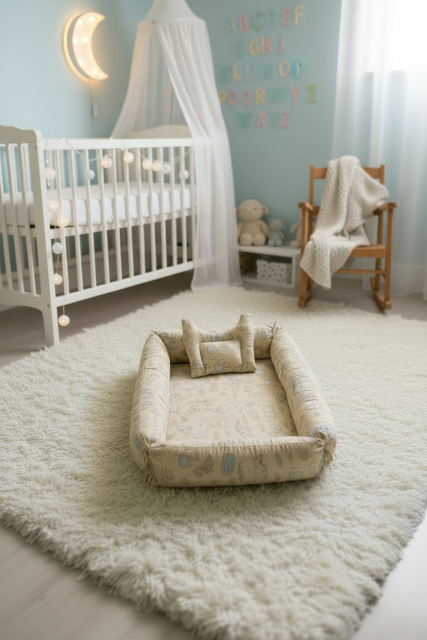Printed Cotton Baby Sleeping Nest With Pillow- Lemon Yellow