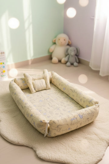 Printed Cotton Baby Sleeping Nest With Pillow- Lemon Yellow