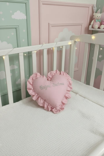 Customized Name Frilly Cotton Heart Pillow- Pink