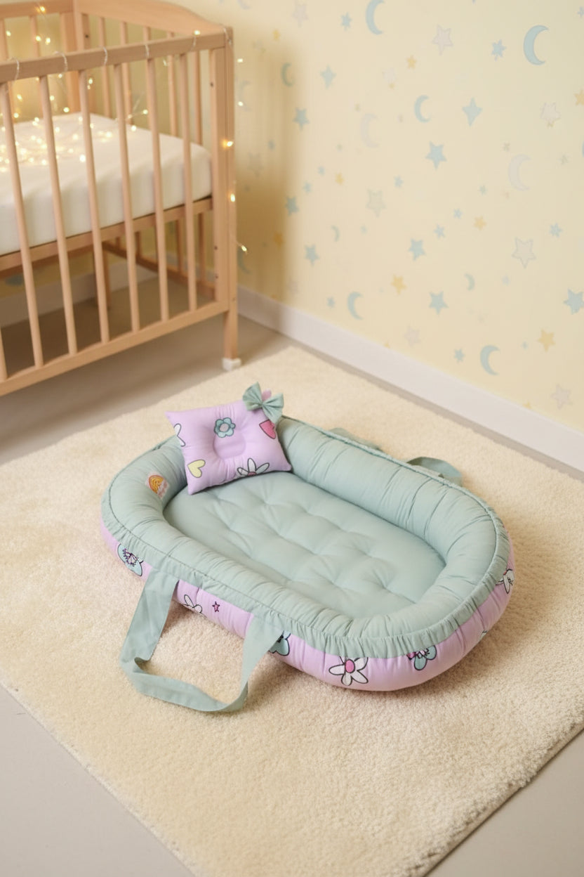 Two Sided Printed Cotton Baby Nest with Pillow- Flowers