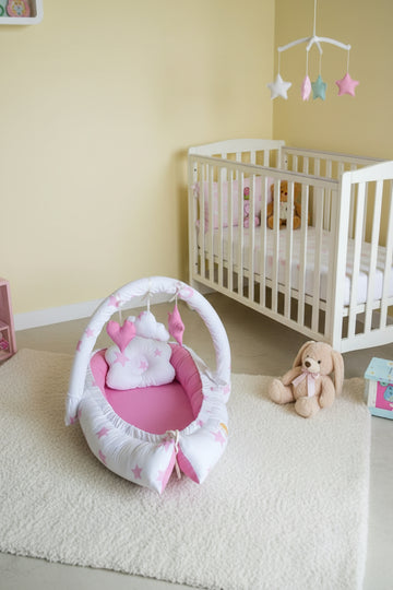 Printed Baby Snuggle Bed With Pillow- Pink Star