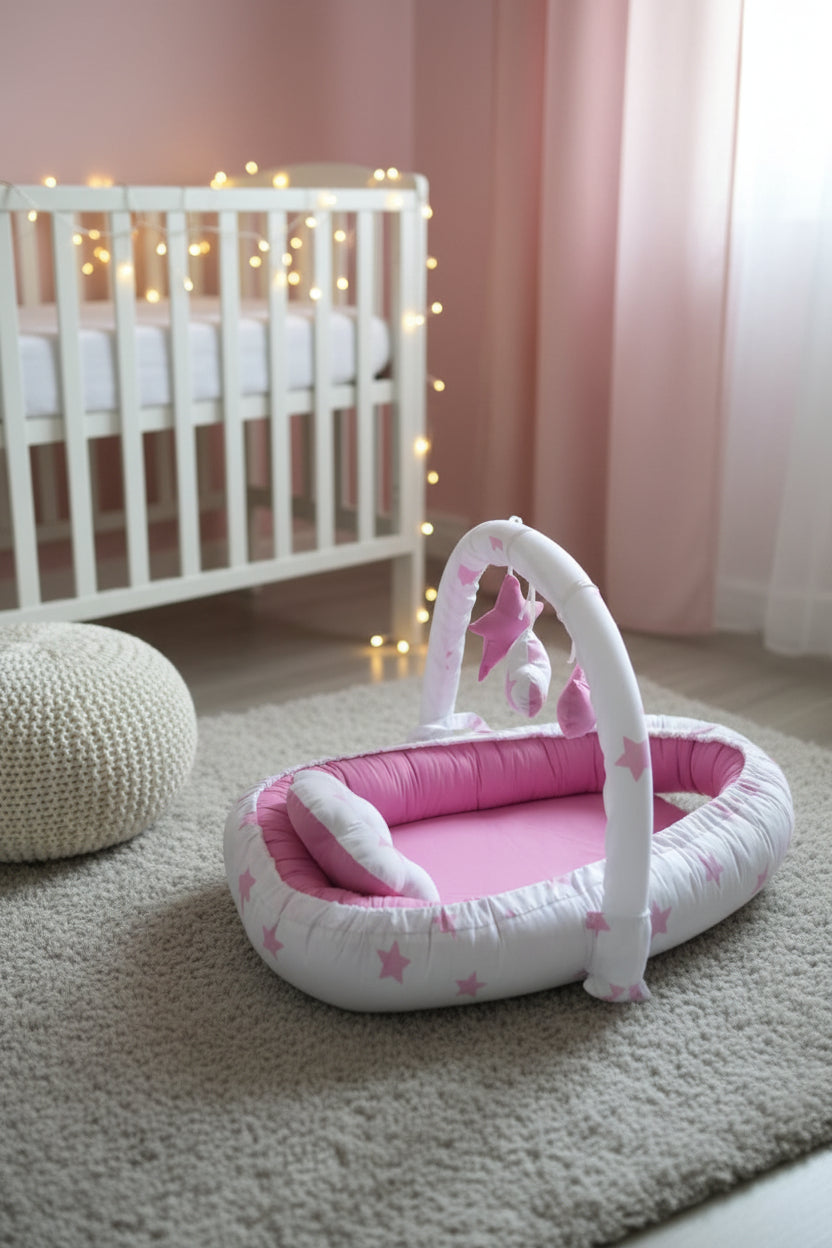 Printed Baby Snuggle Bed With Pillow- Pink Star