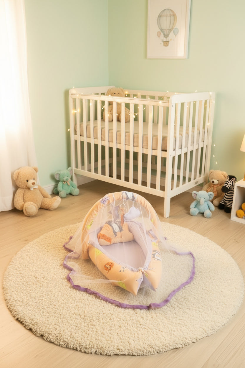 Printed Baby Snuggle Bed With Pillow and Mosquito net - Cat Carnival