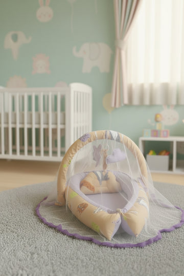 Printed Baby Snuggle Bed With Pillow and Mosquito net - Cat Carnival