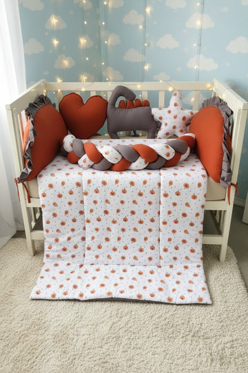 Printed Cotton Baby Cot Set-8 Pcs- Pumpkin Patch