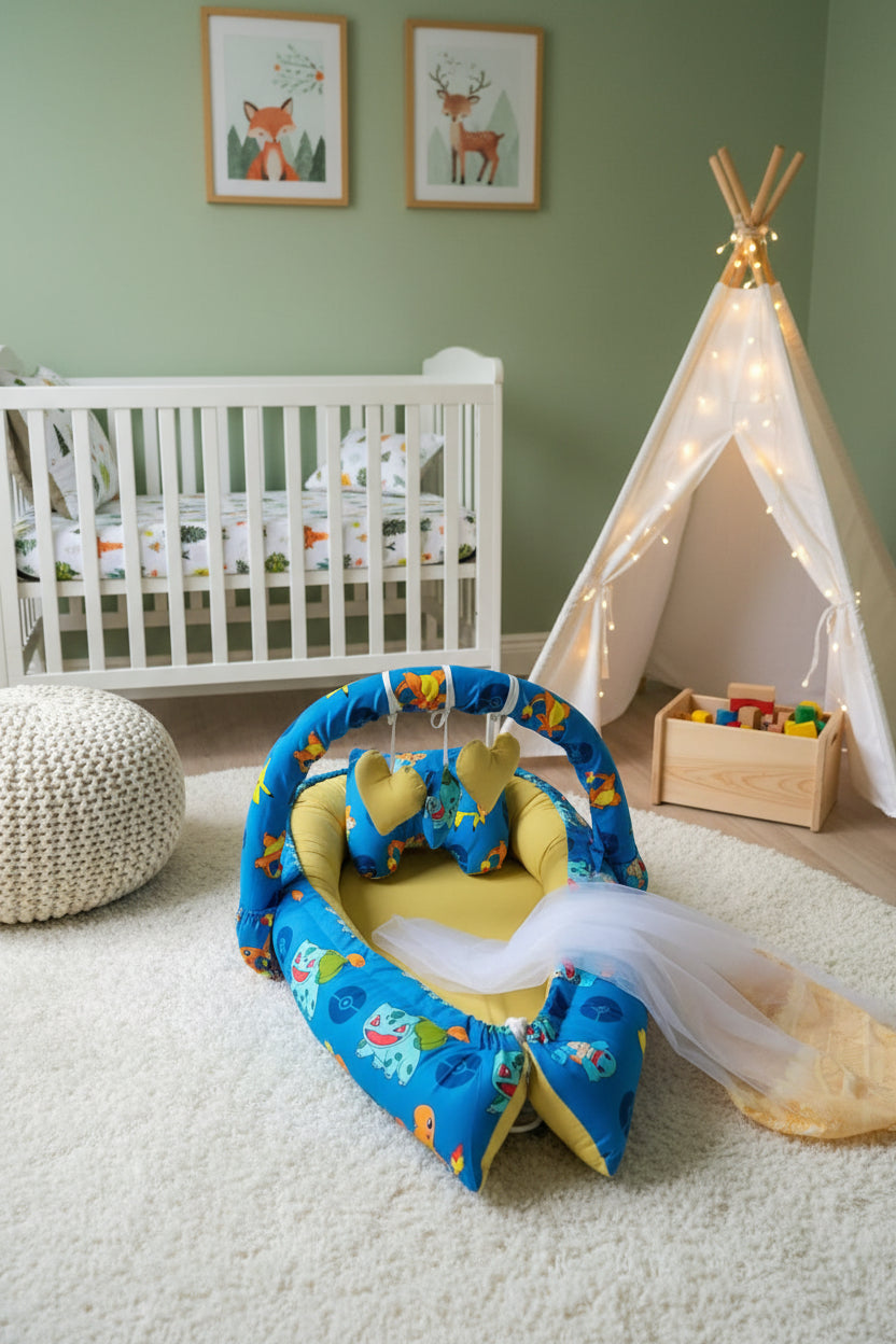 Cotton Baby Snuggle Bed With Pillow and Mosquito Net- Pokemone