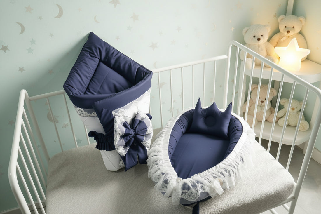 Luxury Cotton Baby Nest with Foldable Baby Sleeping Bag-Navy Blue