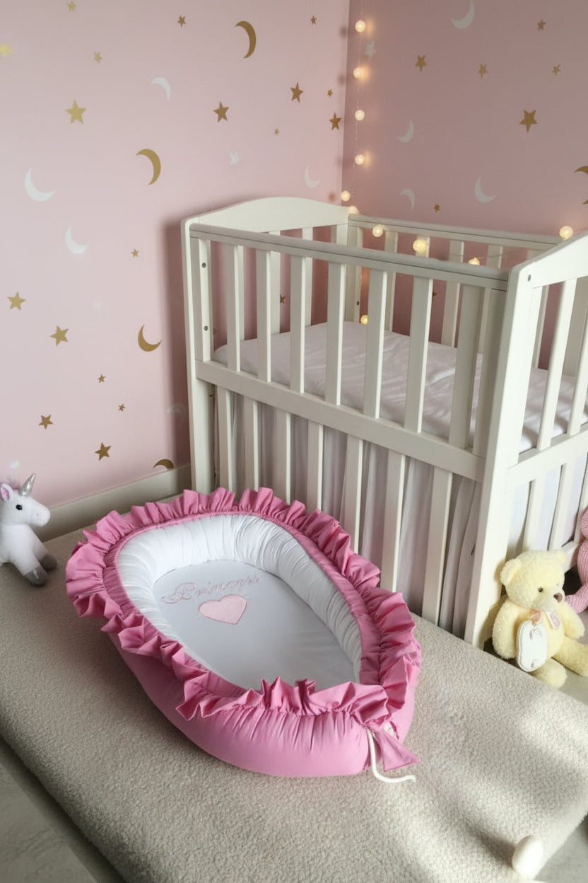 Frilly Cotton Baby Nest with Pillow- Pink Princess 🩷