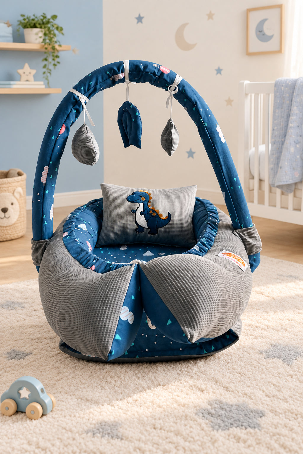 Printed Cotton Baby Snuggle Bed- Teal Dragon