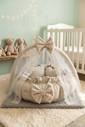 Luxury Cotton Baby Round Cot with Pillows and Mosquito Net-Beige