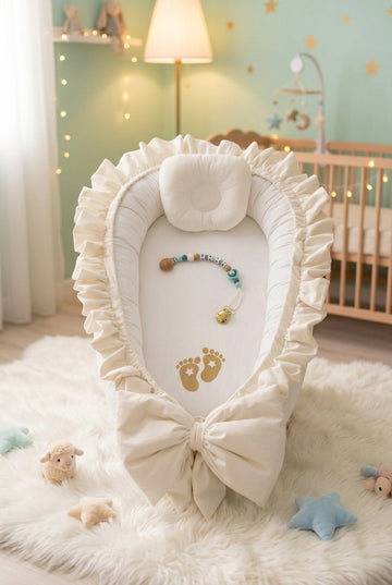 Little Steps Embroided Velvet Baby Nest with cute Bow and Head Pillow-Off White