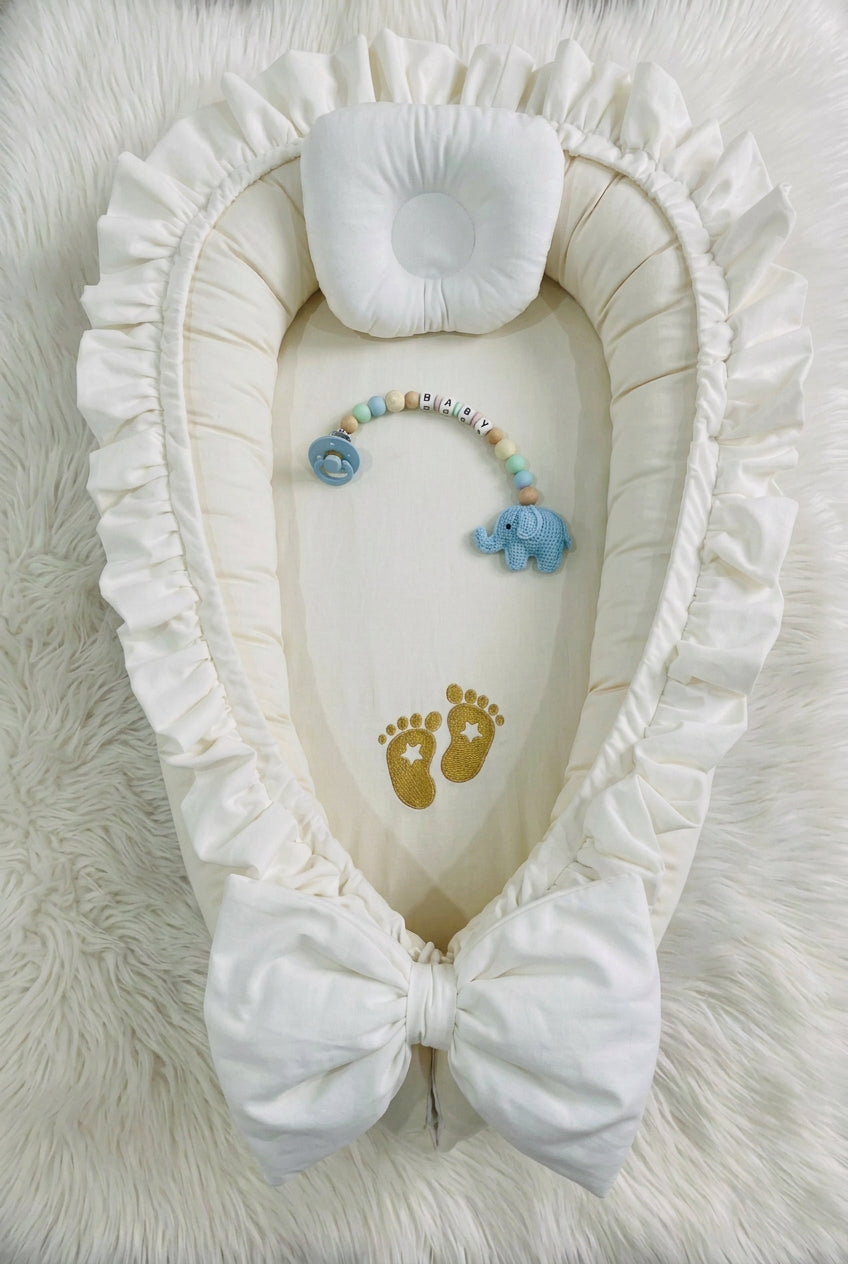 Little Steps Embroided Velvet Baby Nest with cute Bow and Head Pillow-Off White