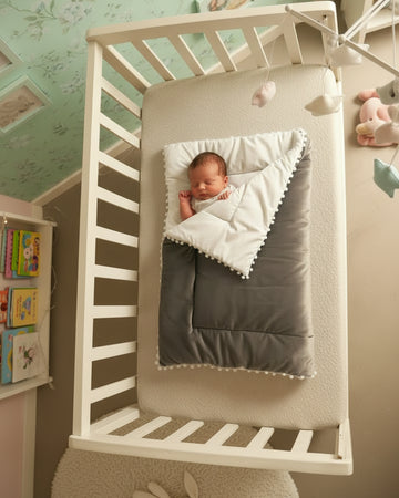 Velvet Baby Blanket with Pom pom- Dark gray & White