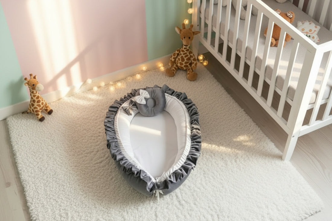 Frilly velvet Baby Nest with Head Pillow- White & Dark Gray