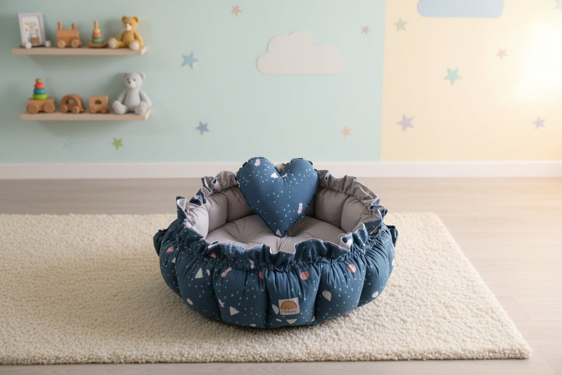 Printed Baby Round Cot With Pillow- Teal
