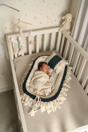 Luxury Cotton Baby Nest With Pillow- Green & Off white