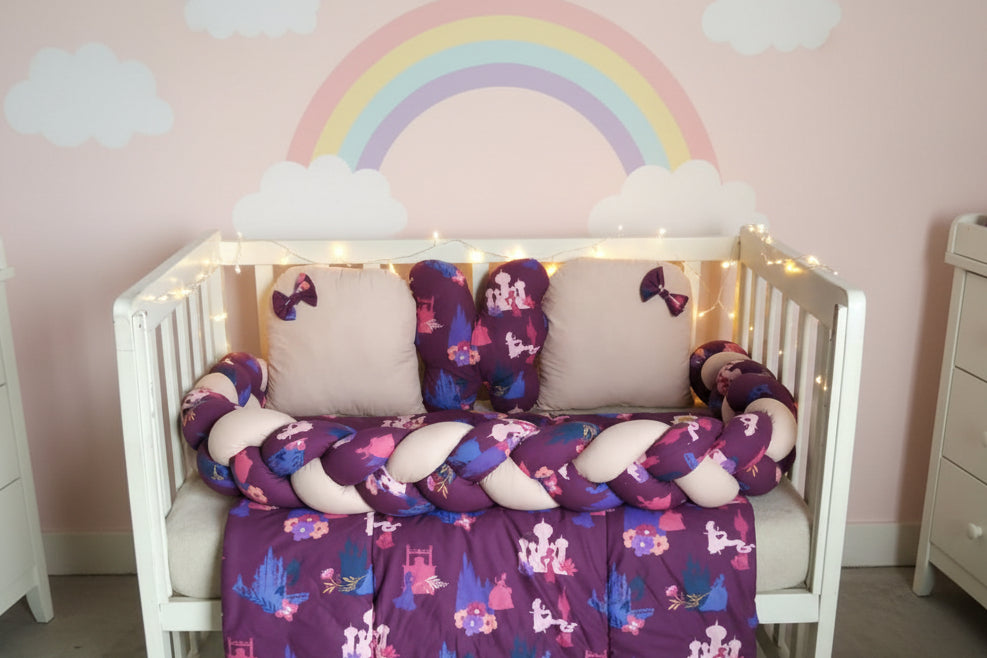 Printed Cotton Baby Cot Set- 7 pcs- Pink Castle
