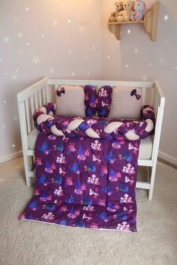 Printed Cotton Baby Cot Set- 7 pcs- Pink Castle