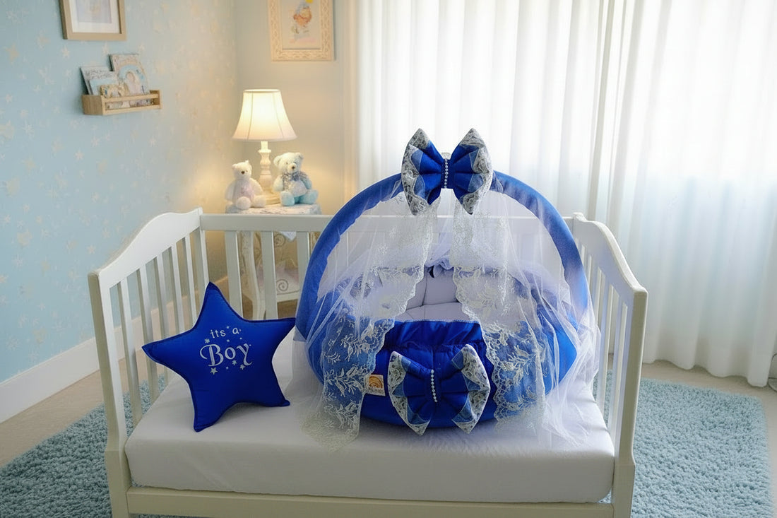 "Its a Boy" Luxury Baby Round Cot with Pillow & Mosquito Net- Royal Blue