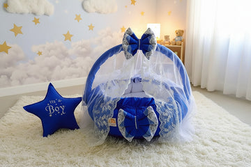 "Its a Boy" Luxury Baby Round Cot with Pillow & Mosquito Net- Royal Blue